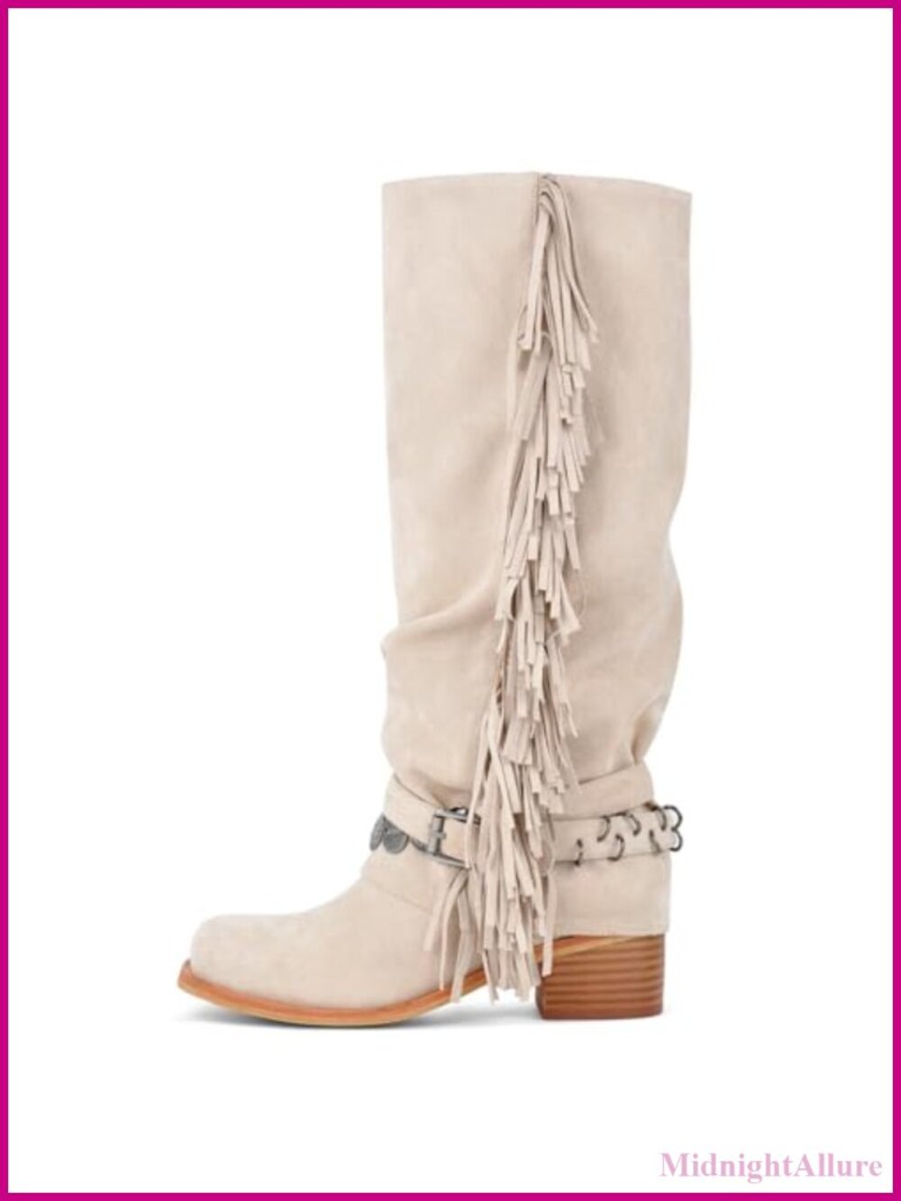 Knee High Riding Boots Fringe Buckle Straps Chunky Heel Square Toe Fold-Over